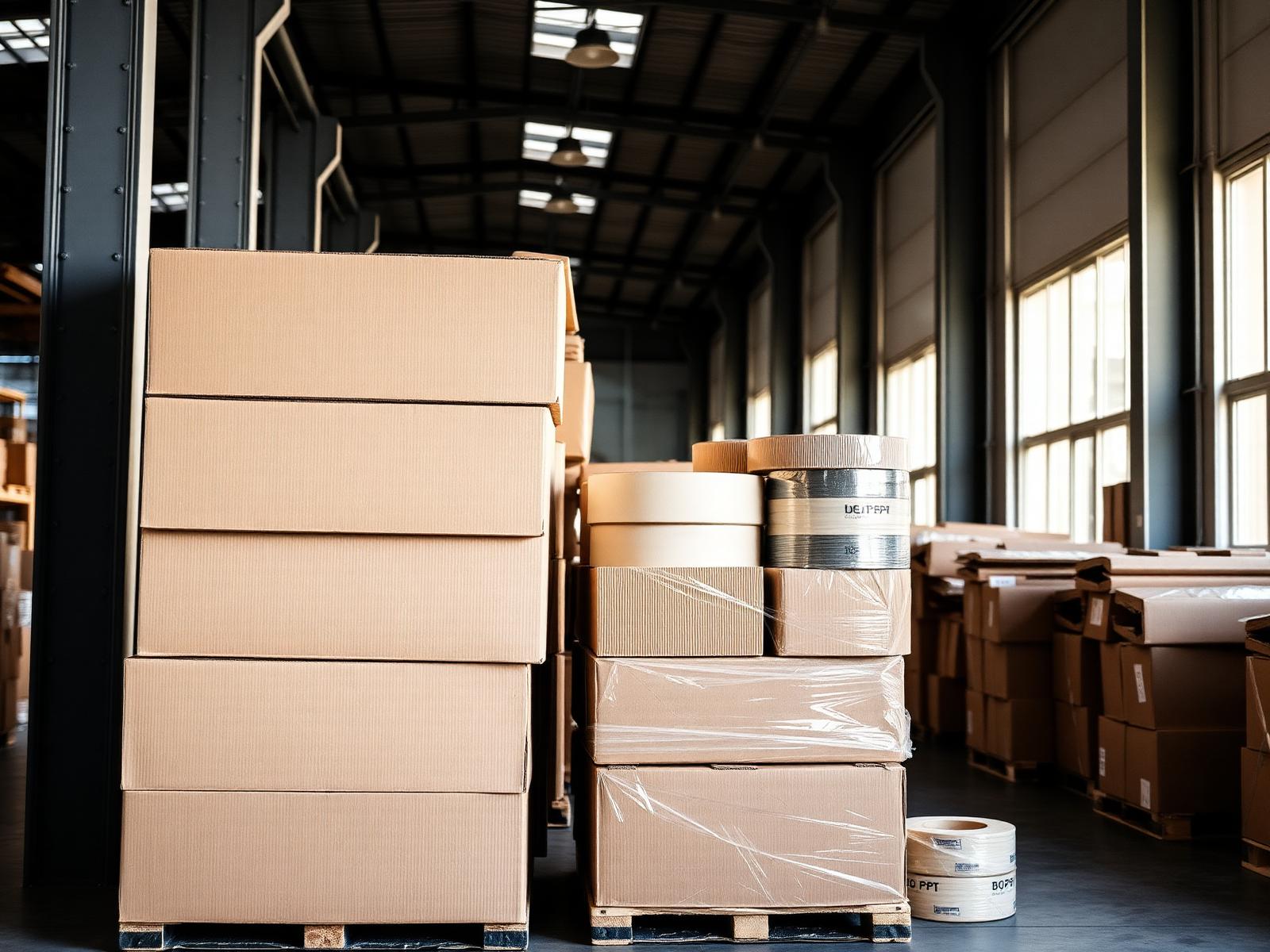 Stacked corrugated boxes and packaging supplies in warehouse